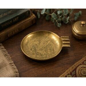 Vintage India Brass Ashtray Engraved Floral Round Cigarette Rest 4” MCM
